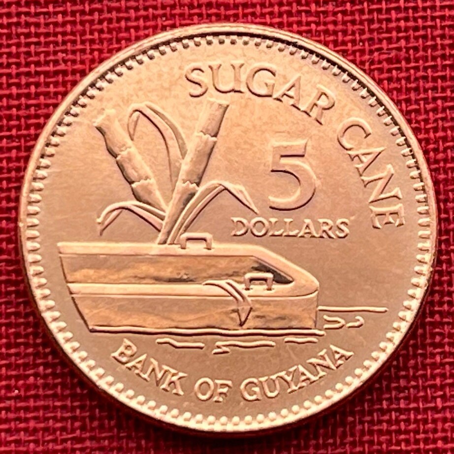 Flat-Bottomed Punt & Sugar Cane 5 Dollars Guyana Authentic Coin Money for Jewelry and Craft Making