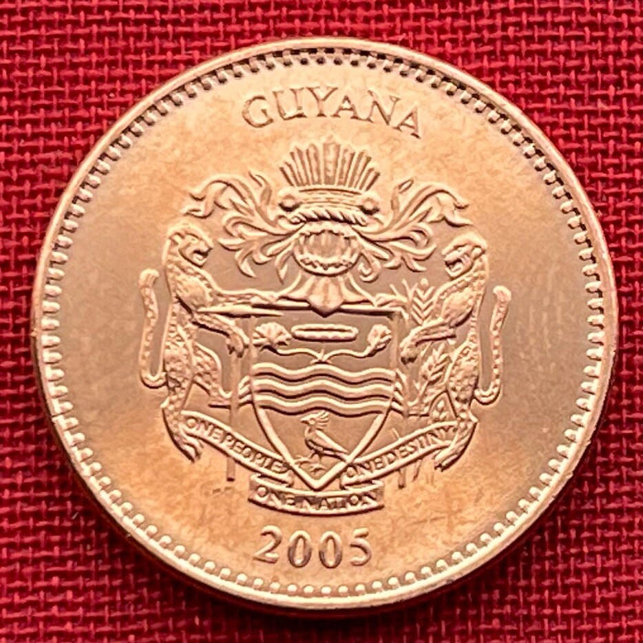 Flat-Bottomed Punt & Sugar Cane 5 Dollars Guyana Authentic Coin Money for Jewelry and Craft Making