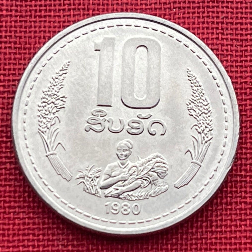 Woman Harvests Rice 10 Att Laos Authentic Coin Money for Jewelry and Crafts Making (1980)