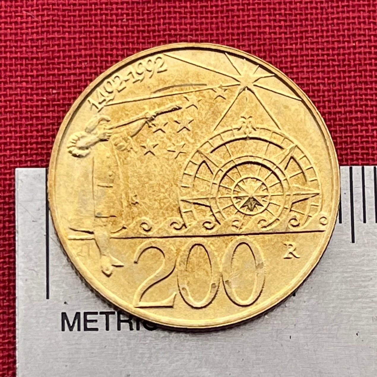 Columbus with Telescope, Compass and Stars 200 Lire San Marino Authentic Coin Money for Jewelry (Discovery of America) (1992) (Navigation)