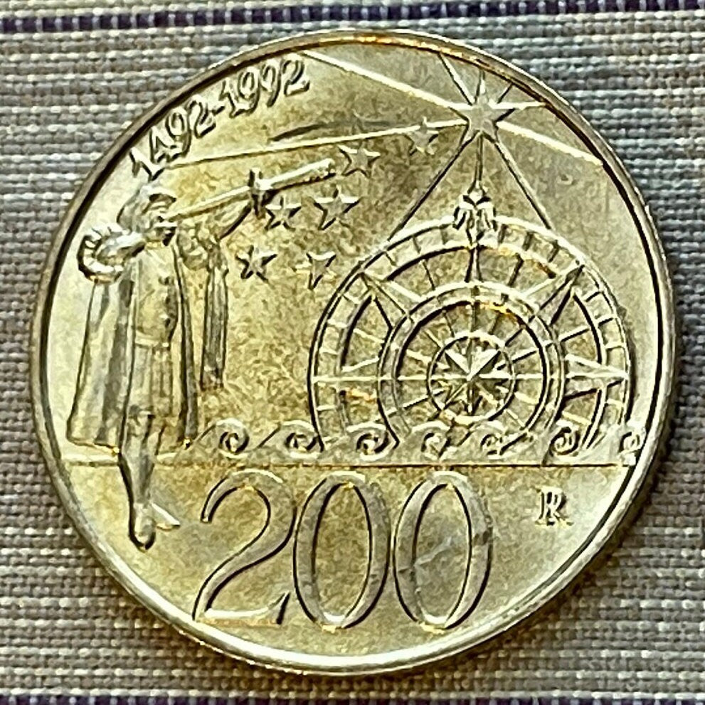 Columbus with Telescope, Compass and Stars 200 Lire San Marino Authentic Coin Money for Jewelry (Discovery of America) (1992) (Navigation)