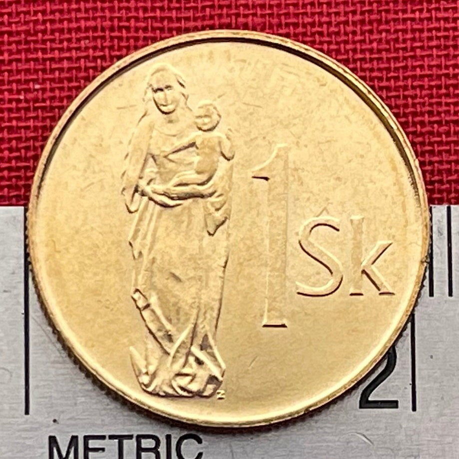 Madonna and Child 1 Koruna Slovak Republic Authentic Coin Money for Jewelry and Craft Making (Gothic Wooden Statue) Slovak National Gallery
