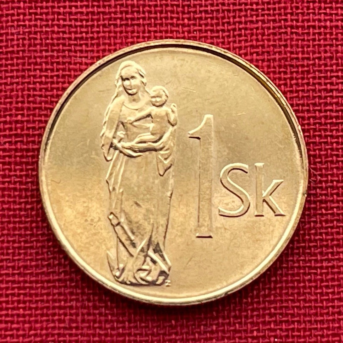 Madonna and Child 1 Koruna Slovak Republic Authentic Coin Money for Jewelry and Craft Making (Gothic Wooden Statue) Slovak National Gallery