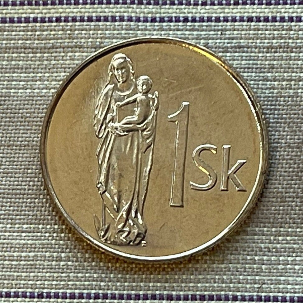 Madonna and Child 1 Koruna Slovak Republic Authentic Coin Money for Jewelry and Craft Making (Gothic Wooden Statue) Slovak National Gallery
