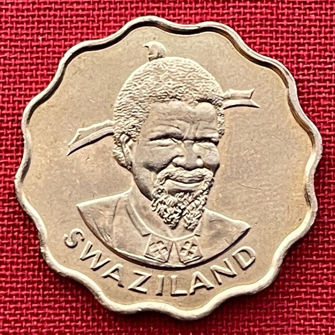 Bush Elephant & King Sobhuza II 20 Cents Swaziland Authentic Coin Money for Jewelry (Eswatini) (Scalloped Edge) (Savannah Elephant)