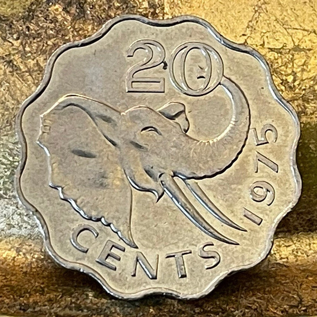 Bush Elephant & King Sobhuza II 20 Cents Swaziland Authentic Coin Money for Jewelry (Eswatini) (Scalloped Edge) (Savannah Elephant)