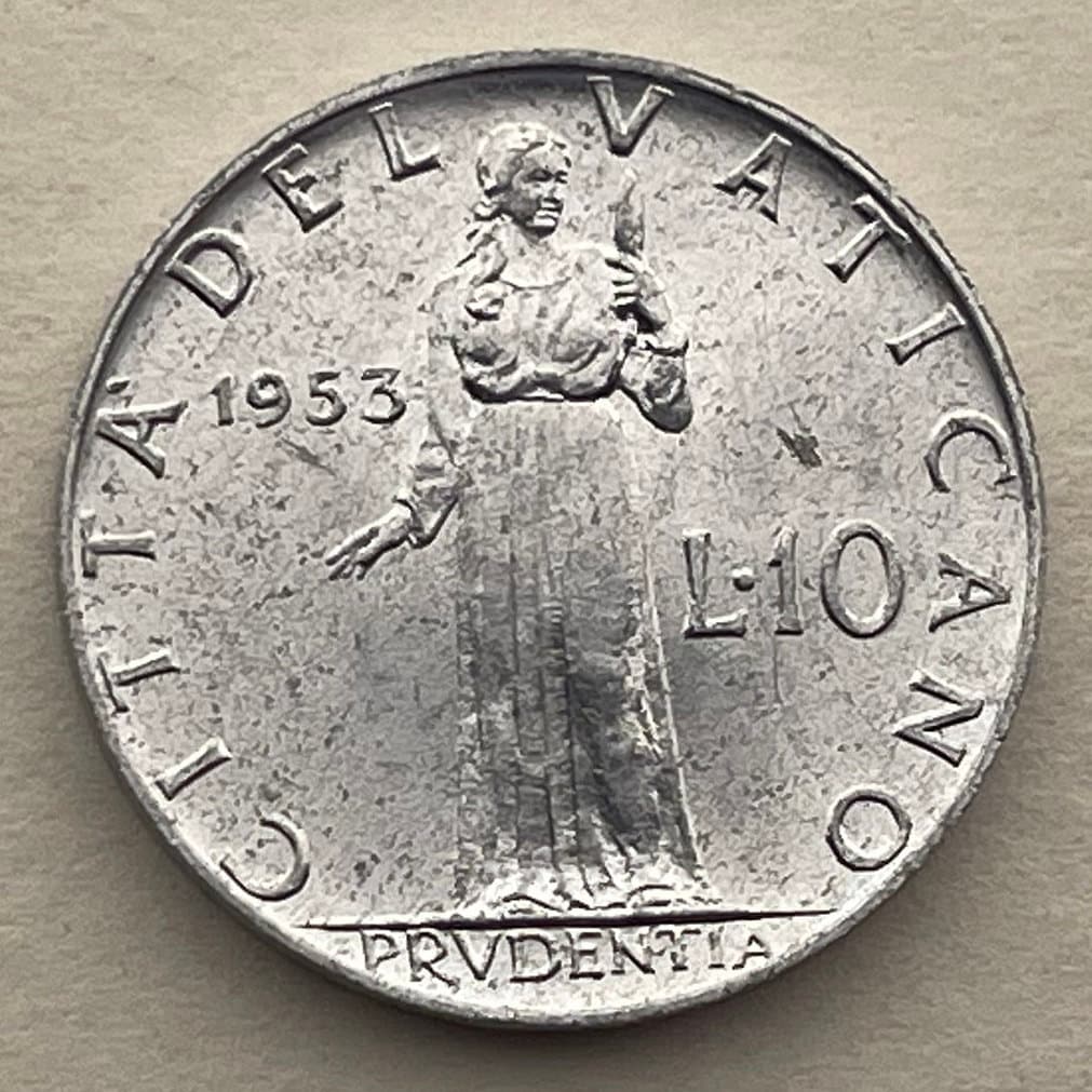 Cardinal Virtue Prudence & Pope Pius XII 10 Lire Vatican City Authentic Coin Money for Jewelry and Craft Making (Prudentia)