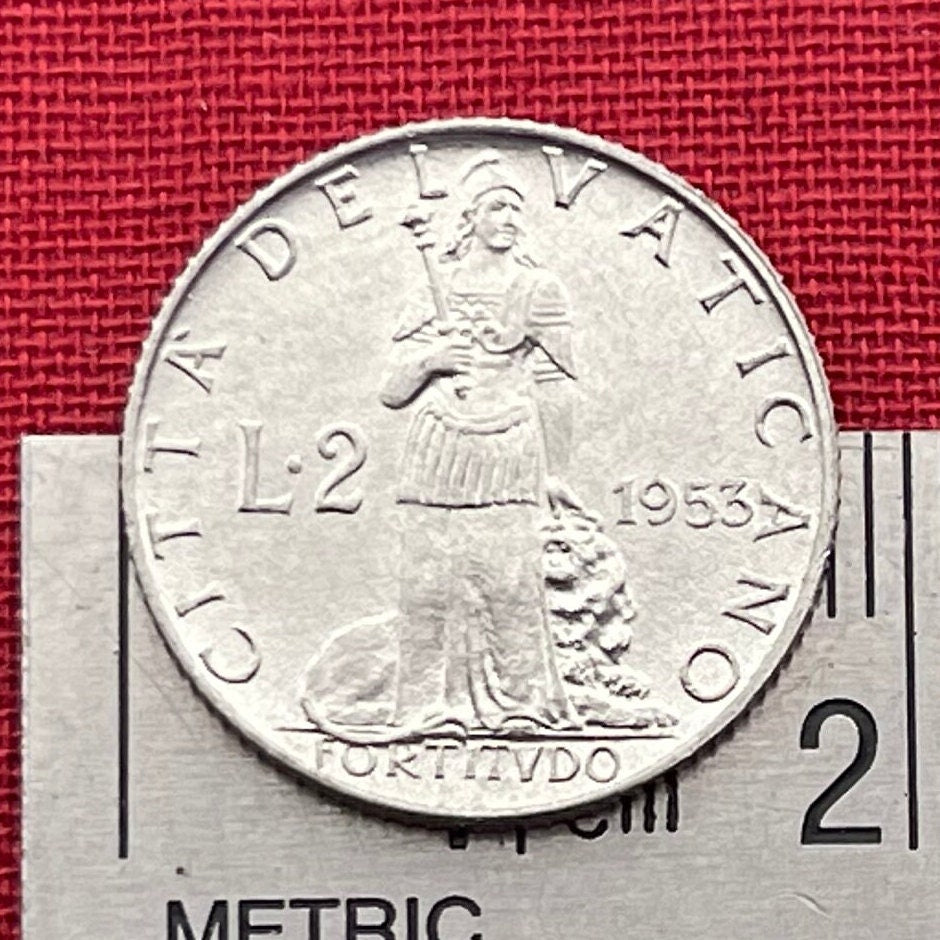 Cardinal Virtue Fortitude 2 Lire Vatican City Authentic Coin Money for Jewelry and Craft Making (Pope Pius XII)