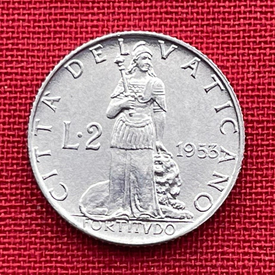Cardinal Virtue Fortitude 2 Lire Vatican City Authentic Coin Money for Jewelry and Craft Making (Pope Pius XII)
