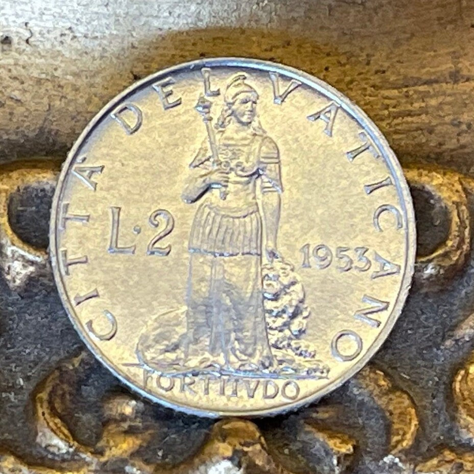 Cardinal Virtue Fortitude 2 Lire Vatican City Authentic Coin Money for Jewelry and Craft Making (Pope Pius XII)