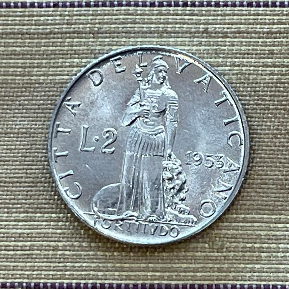 Cardinal Virtue Fortitude 2 Lire Vatican City Authentic Coin Money for Jewelry and Craft Making (Pope Pius XII)
