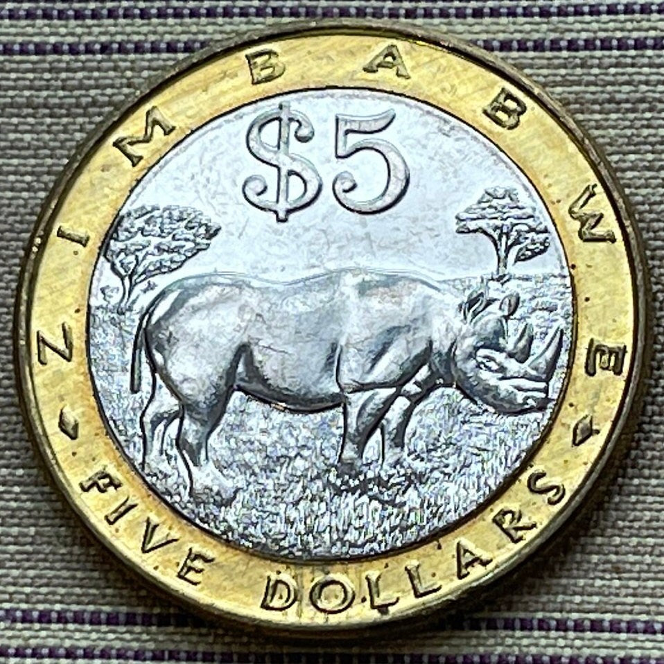 Black Rhinoceros & Great Zimbabwe Bird 5 Dollars Zimbabwe Authentic Coin Money for Jewelry and Craft Making (Bimetallic)