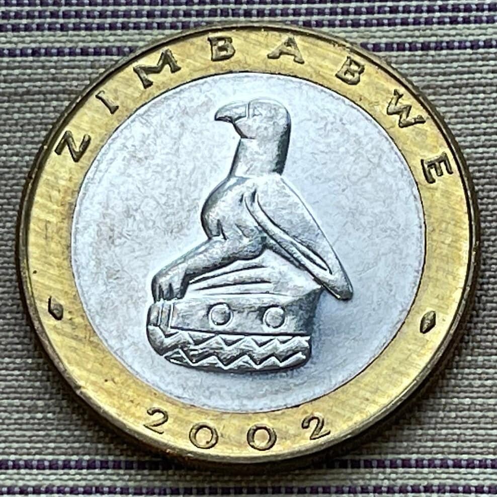 Black Rhinoceros & Great Zimbabwe Bird 5 Dollars Zimbabwe Authentic Coin Money for Jewelry and Craft Making (Bimetallic)