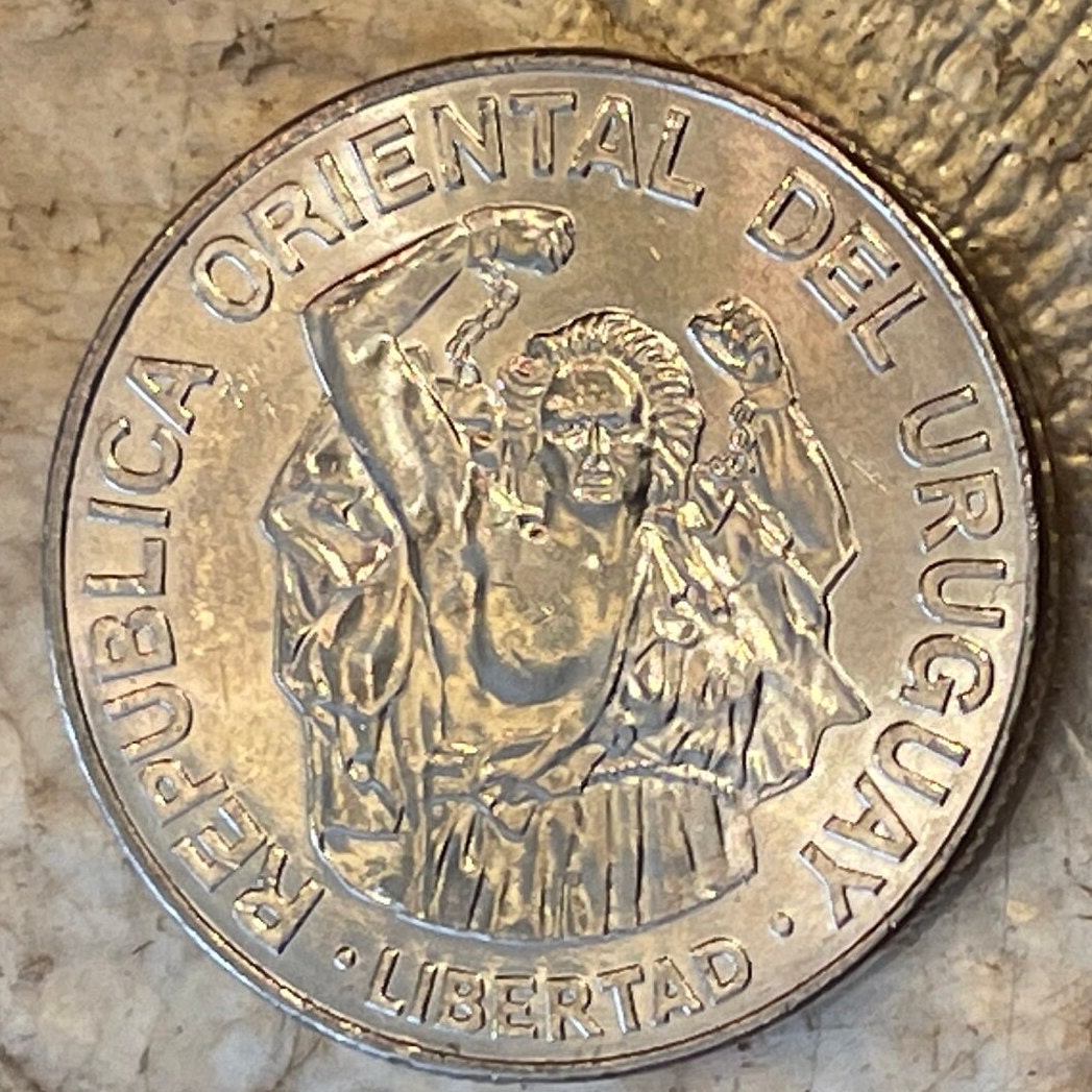 Liberty Breaks Chains on Obelisk of Montevideo 200 Nuevos Pesos Uruguay Authentic Coin Money for Jewelry (1989) (Raging Revolutionary)