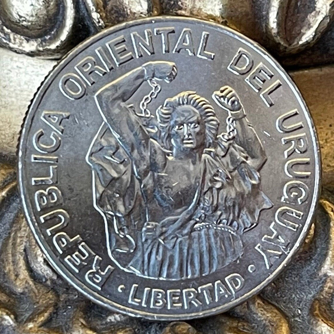 Liberty Breaks Chains on Obelisk of Montevideo 200 Nuevos Pesos Uruguay Authentic Coin Money for Jewelry (1989) (Raging Revolutionary)