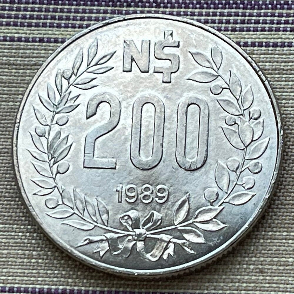 Liberty Breaks Chains on Obelisk of Montevideo 200 Nuevos Pesos Uruguay Authentic Coin Money for Jewelry (1989) (Raging Revolutionary)