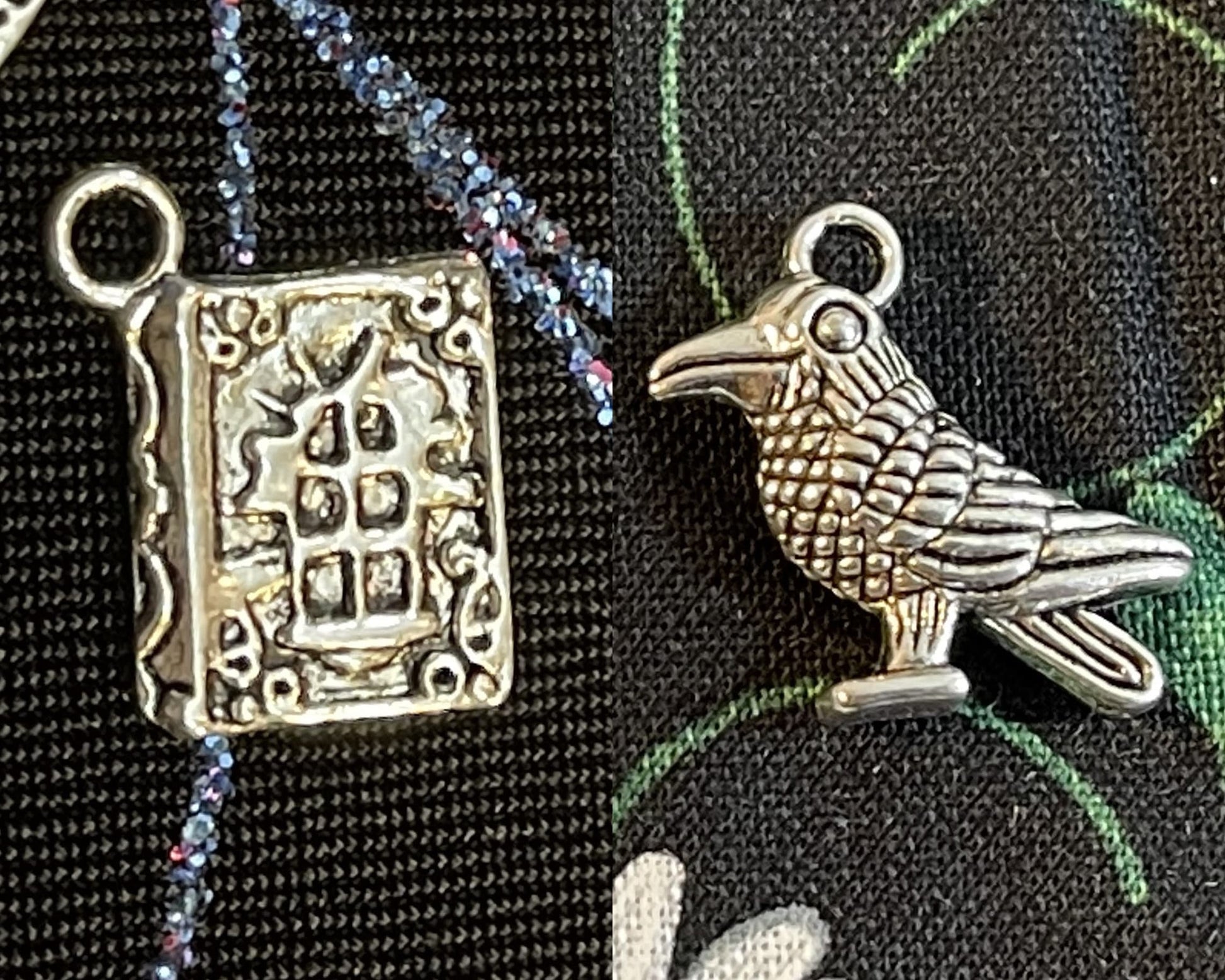 Quoth the Raven Silver Charm Set - Raven and Spell Book charms - Spooky, Halloween - antique silver charm, pendant, drop