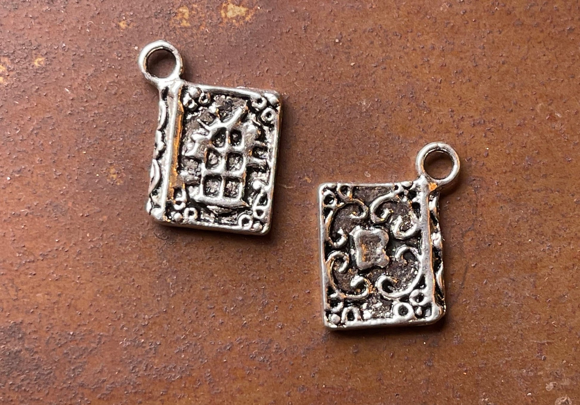 Quoth the Raven Silver Charm Set - Raven and Spell Book charms - Spooky, Halloween - antique silver charm, pendant, drop