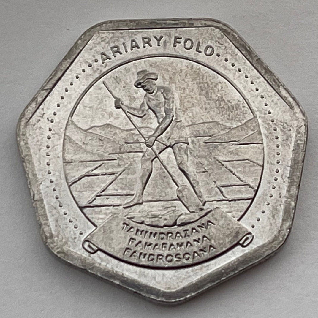 Peat Harvester 10 Ariary Madagascar Authentic Coin Money for Jewelry and Craft Making (1999) (Heptagonal) (7-Sided Coin) (Star)