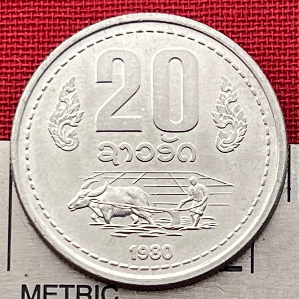 Water Buffalo Pulls Plough in Rice Paddy 20 Att Laos Authentic Coin Money for Jewelry and Craft Making (Taurus)