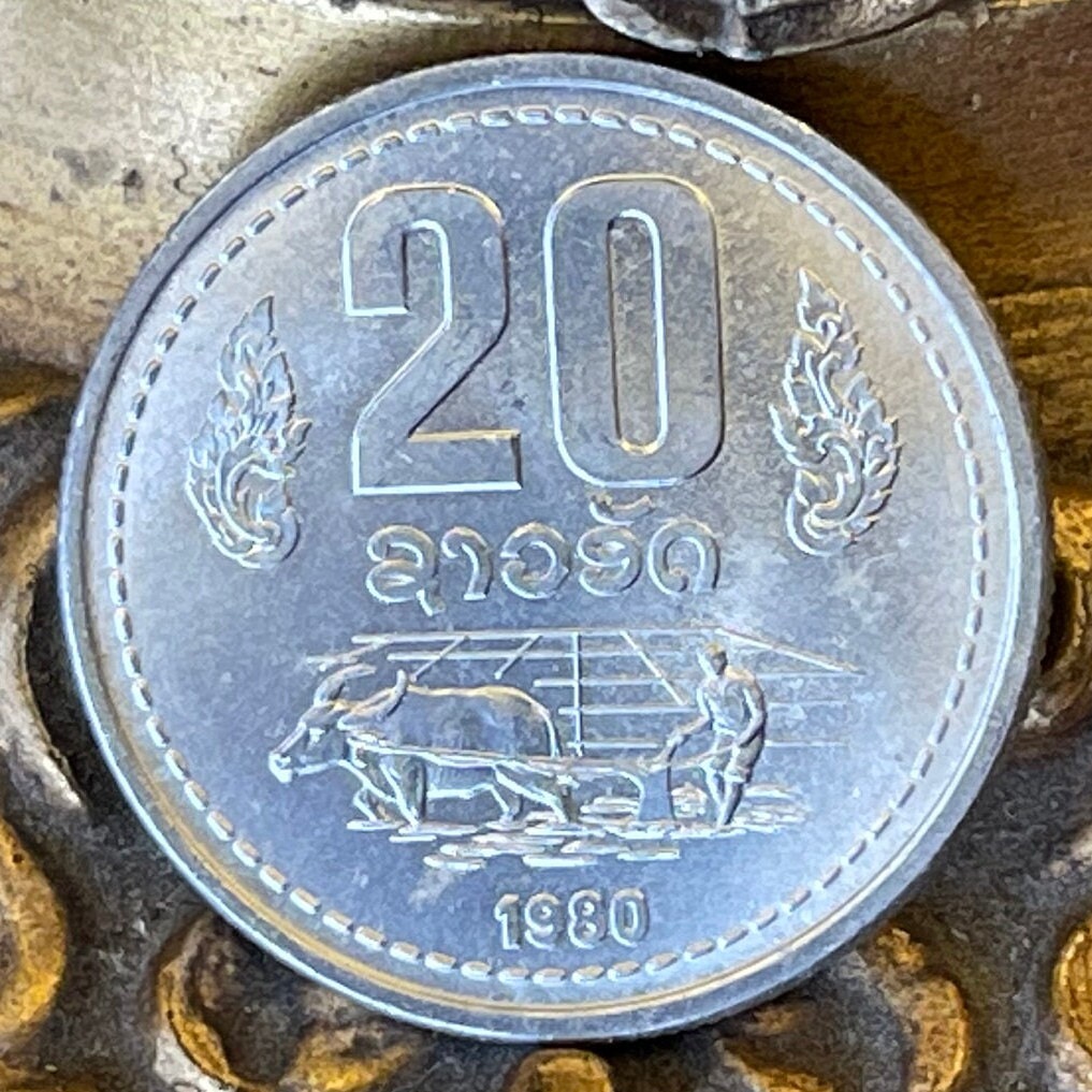 Water Buffalo Pulls Plough in Rice Paddy 20 Att Laos Authentic Coin Money for Jewelry and Craft Making (Taurus)