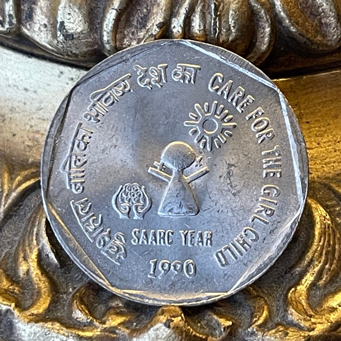 Sunshine Girl & Ashoka Lion Capitol 1 Rupee India Authentic Coin Money for Jewelry and Craft Making (Care for the Girl Child)
