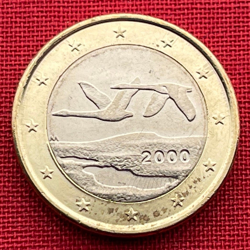 Whooper Swans 1 Euro Finland Authentic Coin Money for Jewelry and Craft Making (Trumpeter Swan) (Swan Song) (Wild Swan) (Bimetallic)