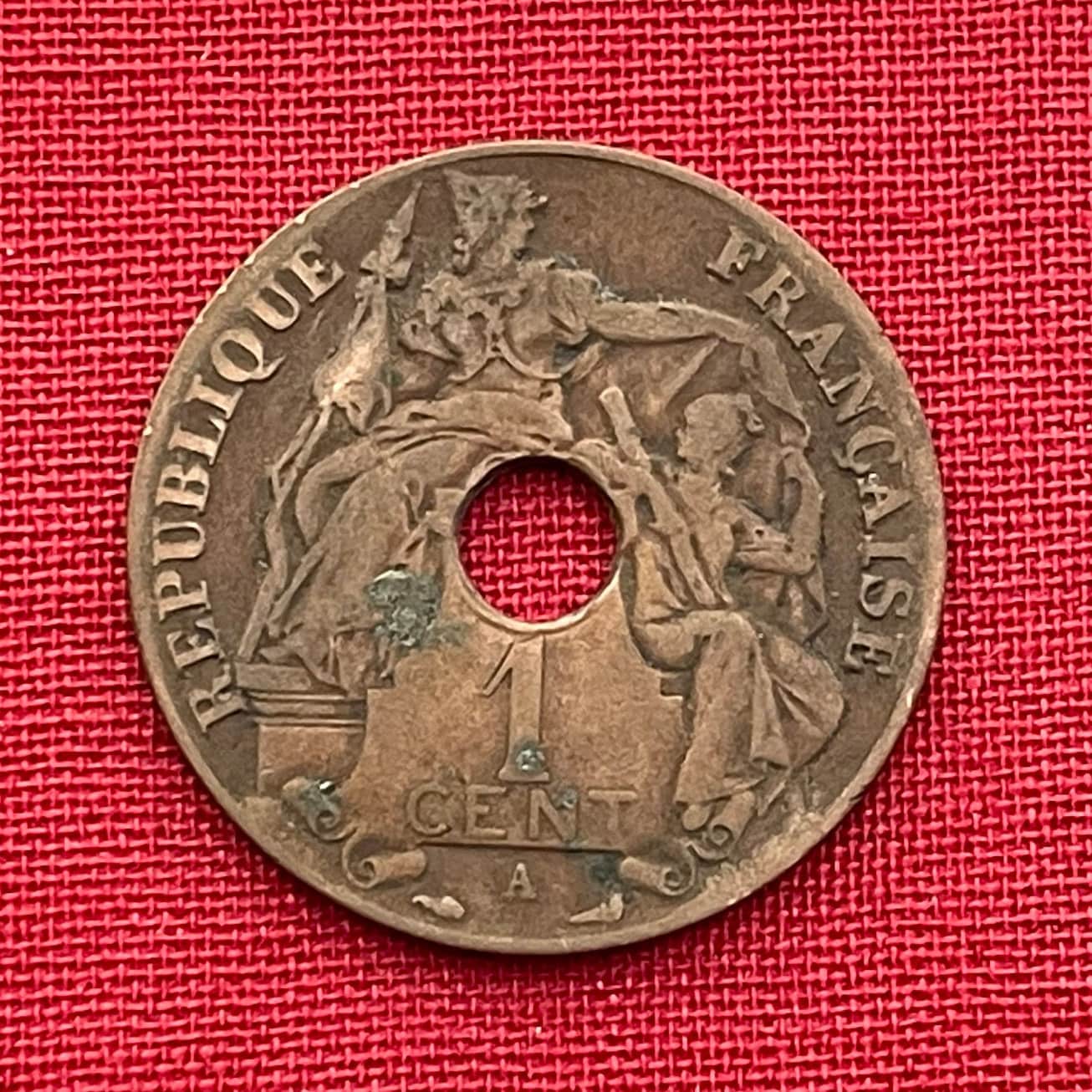 Imperialist Marianne 1 Cent French Indochina Authentic Coin Money for Jewelry (Vietnam) (Phrygian Cap) (Hole in Coin) (Chinese Characters)