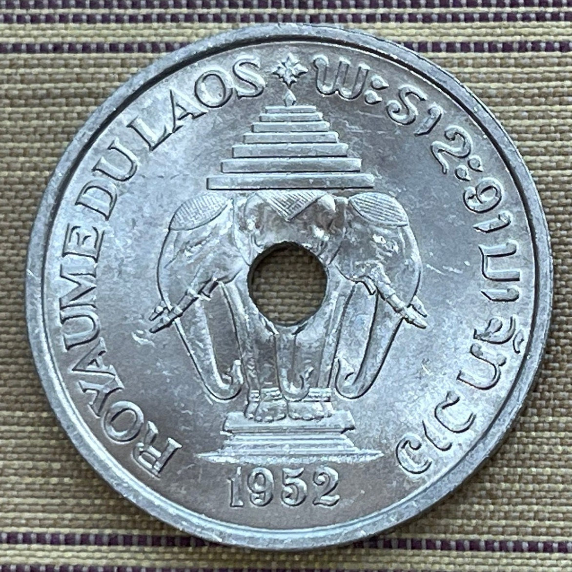 Airavata the 3-Headed White Elephant King 20 Cents Laos Authentic Coin Money for Jewelry (Lotus) (Hole in Coin) (1952) (7-Folded Umbrella)