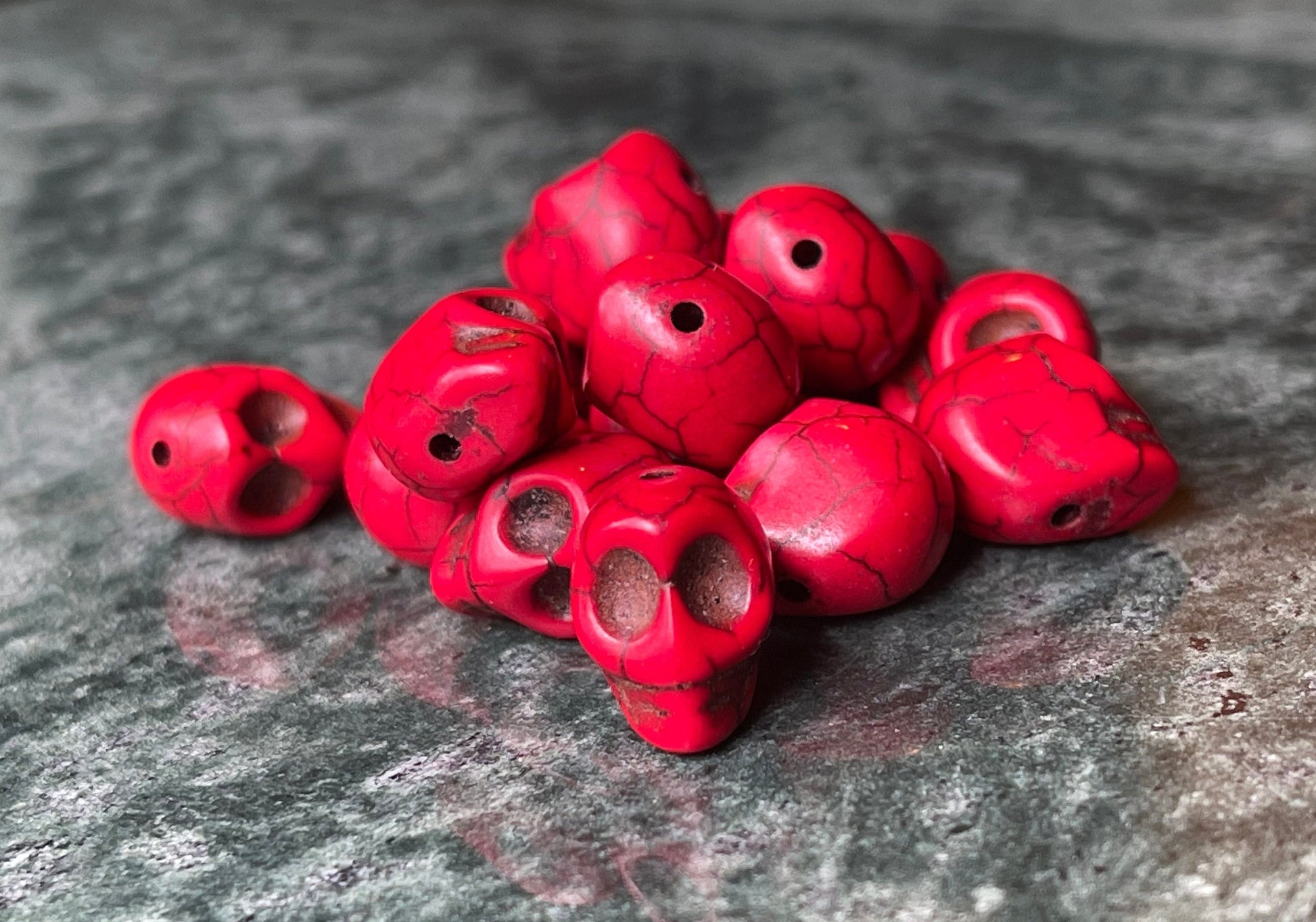 Skull Stone Beads - Halloween, Day of the Dead charms - black, red, white, turquoise, multicolor - dyed magnesite