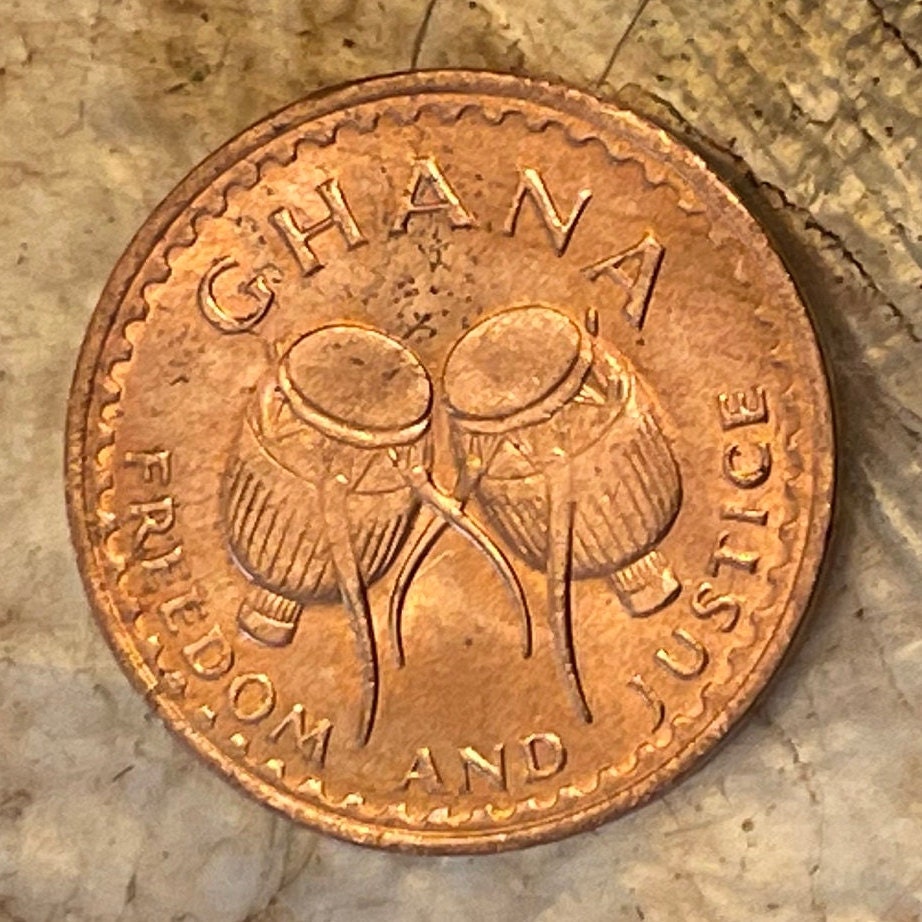 Atumpan Talking Drums & Black Star of Africa Half Pesewa Ghana Authentic Coin Money for Jewelry (Adowa Dance) (1967) (BLM) (Pan-African)