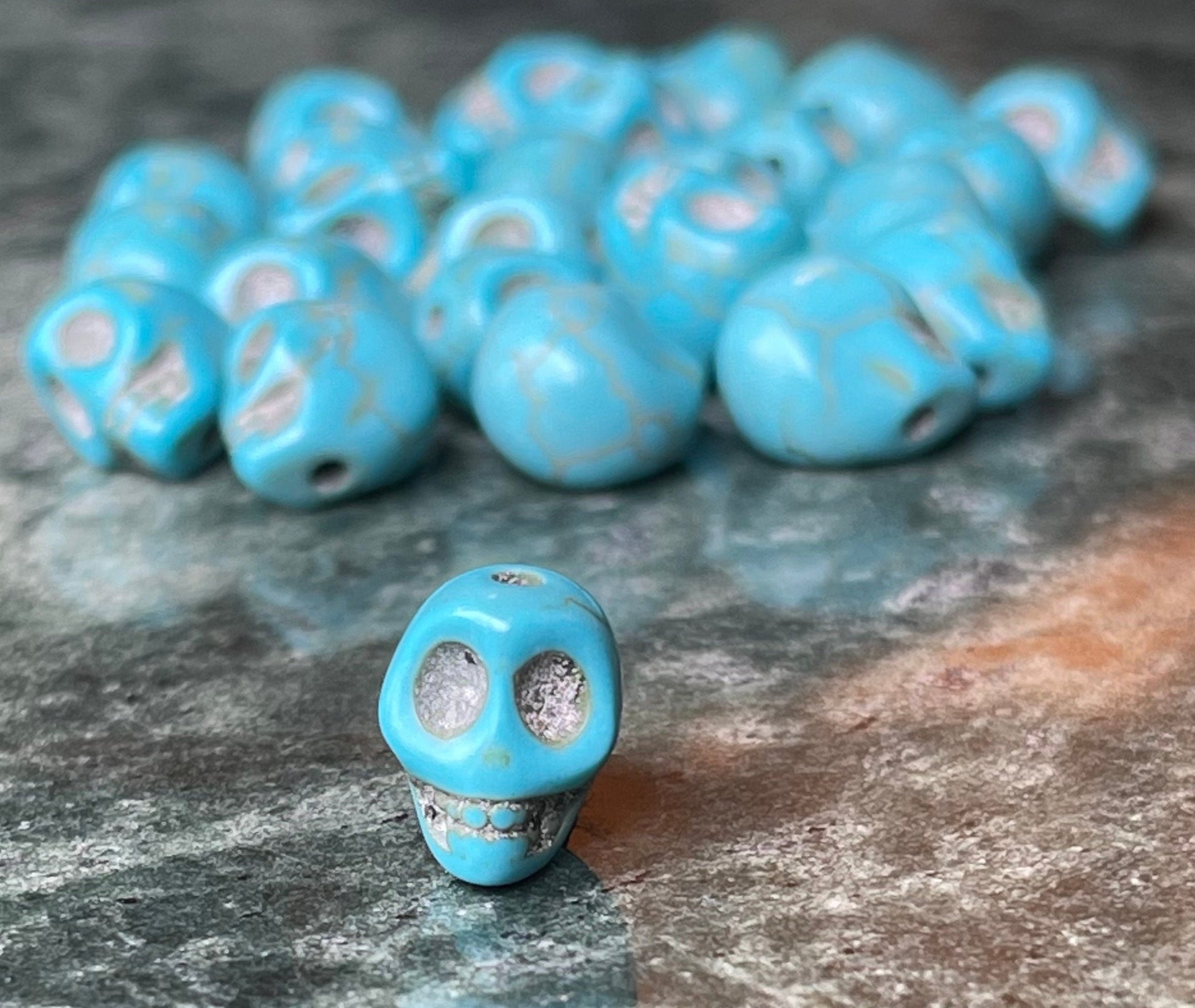 Skull Stone Beads - Halloween, Day of the Dead charms - black, red, white, turquoise, multicolor - dyed magnesite