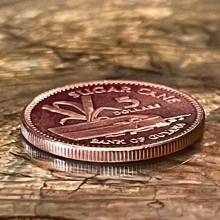 Flat-Bottomed Punt & Sugar Cane 5 Dollars Guyana Authentic Coin Money for Jewelry and Craft Making