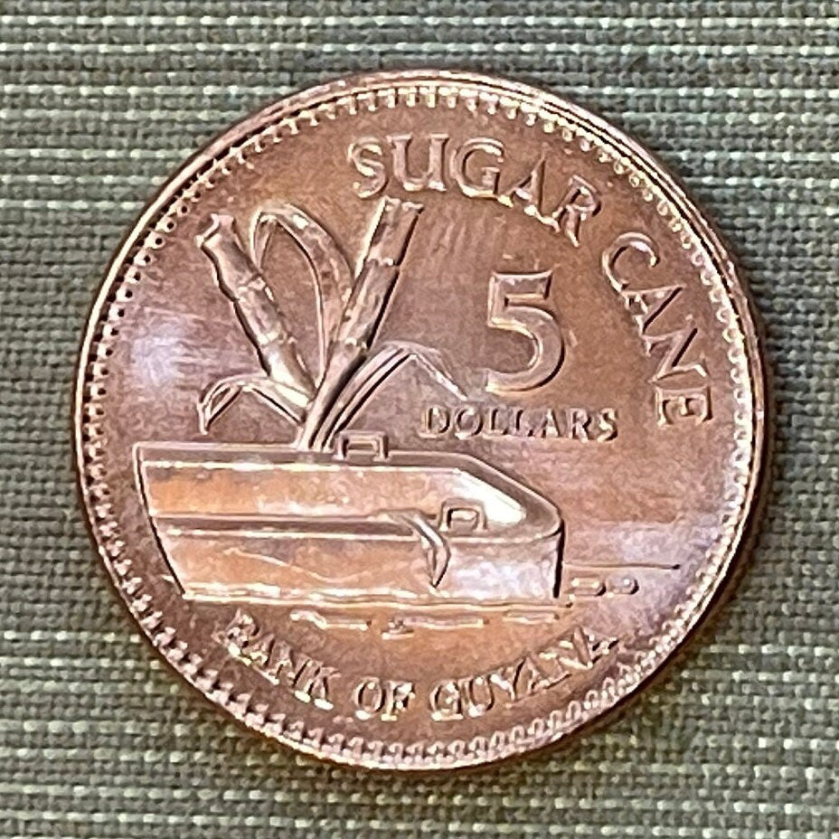 Flat-Bottomed Punt & Sugar Cane 5 Dollars Guyana Authentic Coin Money for Jewelry and Craft Making
