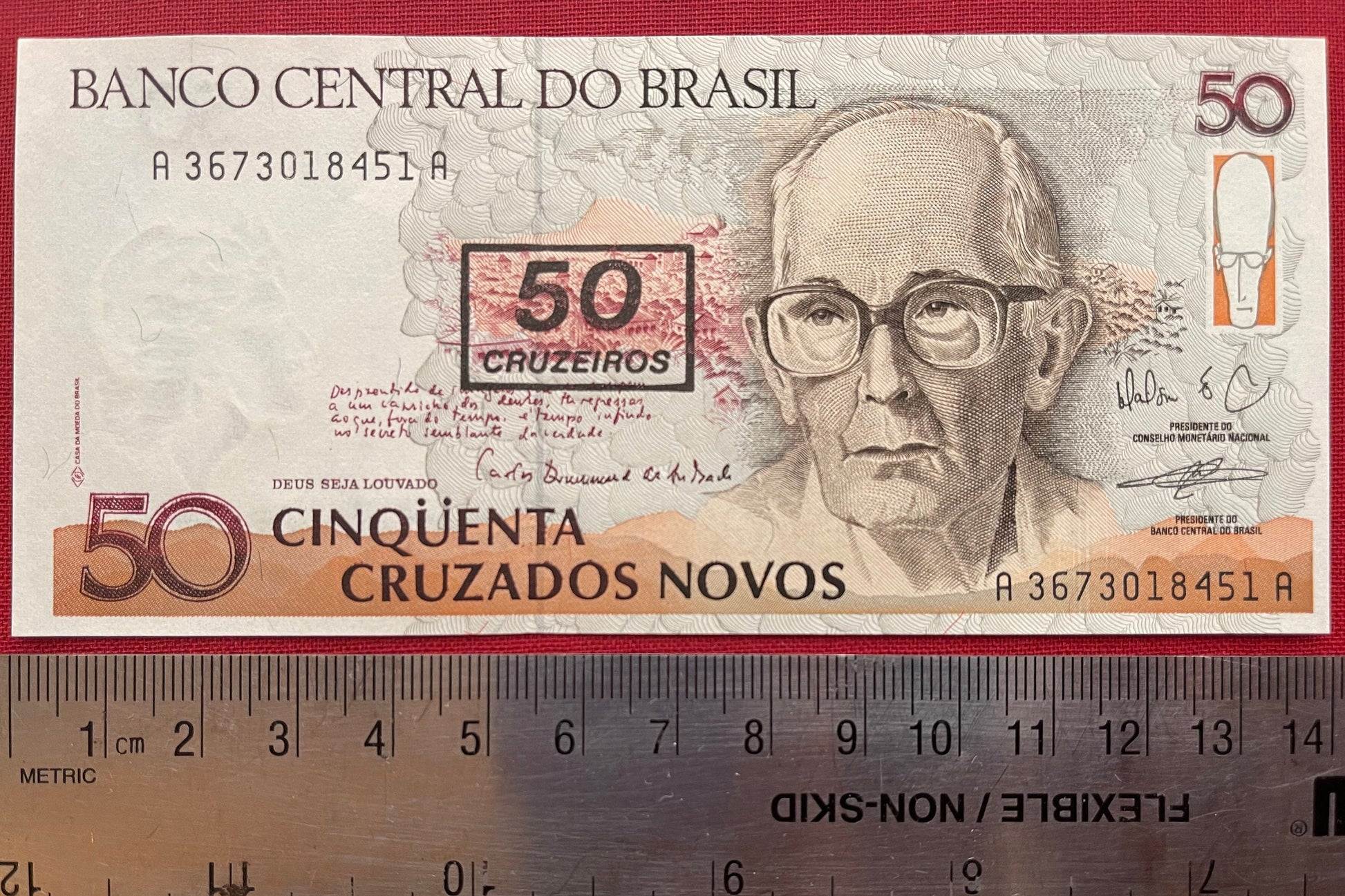 Poet Carlos Drummond de Andrade 50 Cruzieros Brazil Authentic Banknote Money for Jewelry and Craft Making (Writing Desk) (Poetry) (1990)