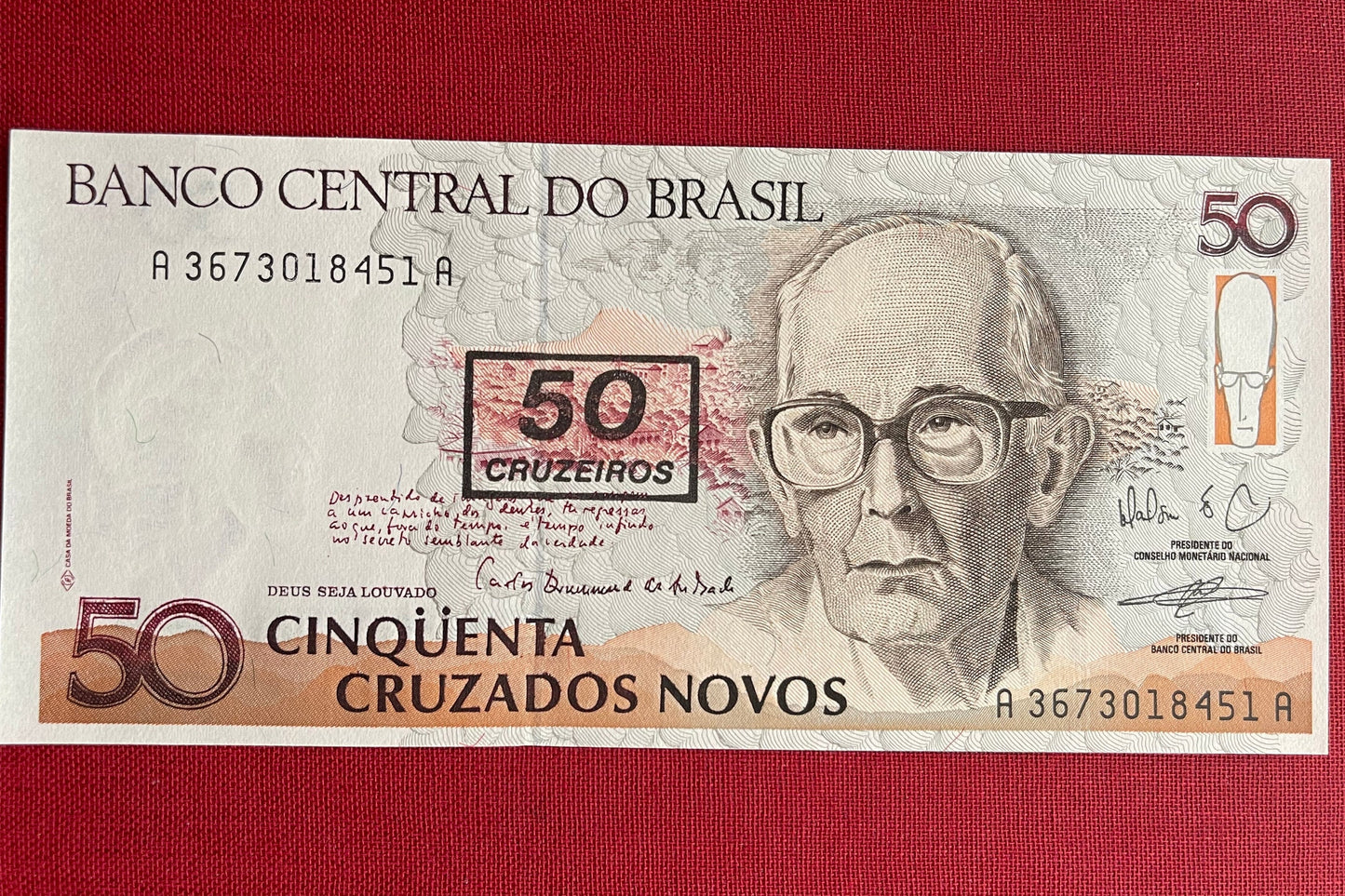 Poet Carlos Drummond de Andrade 50 Cruzieros Brazil Authentic Banknote Money for Jewelry and Craft Making (Writing Desk) (Poetry) (1990)