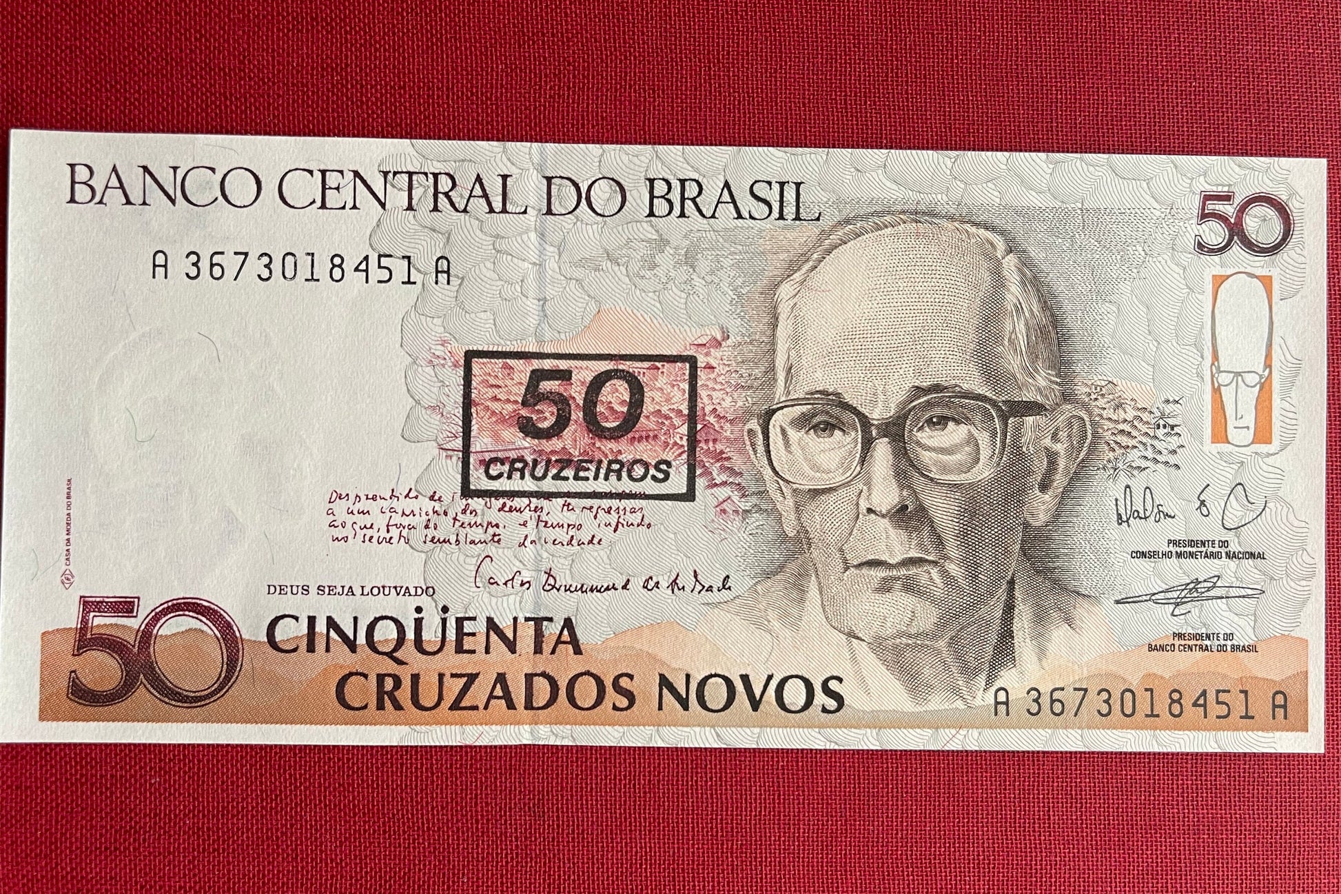 Poet Carlos Drummond de Andrade 50 Cruzieros Brazil Authentic Banknote Money for Jewelry and Craft Making (Writing Desk) (Poetry) (1990)