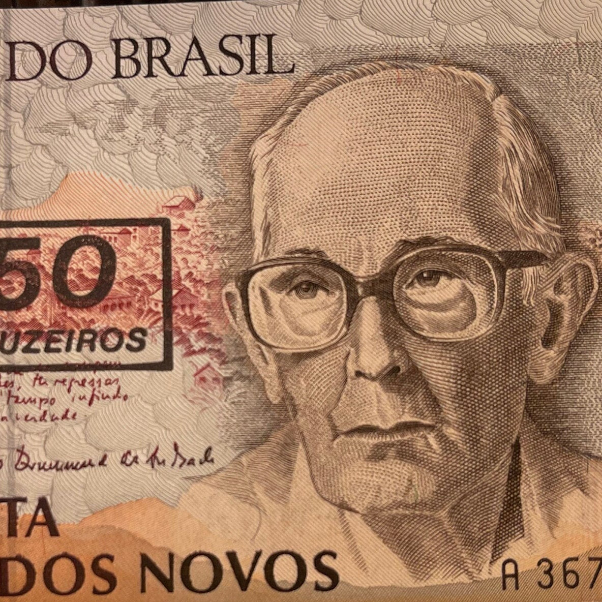 Poet Carlos Drummond de Andrade 50 Cruzieros Brazil Authentic Banknote Money for Jewelry and Craft Making (Writing Desk) (Poetry) (1990)
