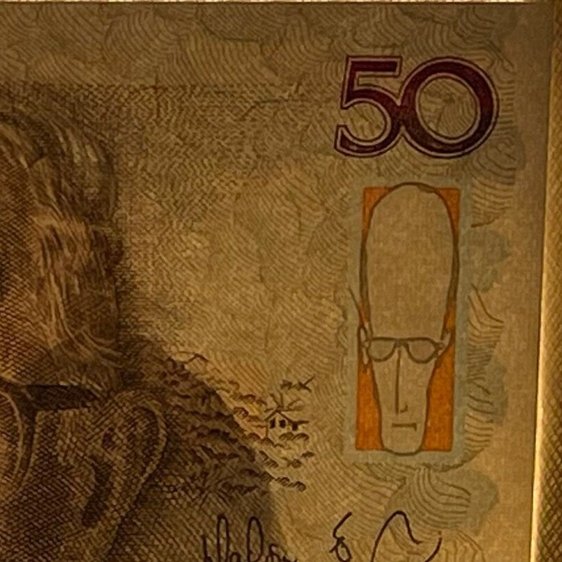 Poet Carlos Drummond de Andrade 50 Cruzieros Brazil Authentic Banknote Money for Jewelry and Craft Making (Writing Desk) (Poetry) (1990)