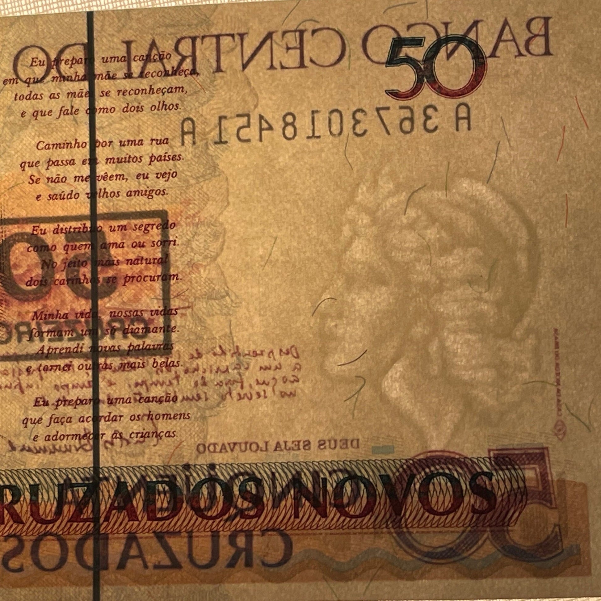 Poet Carlos Drummond de Andrade 50 Cruzieros Brazil Authentic Banknote Money for Jewelry and Craft Making (Writing Desk) (Poetry) (1990)