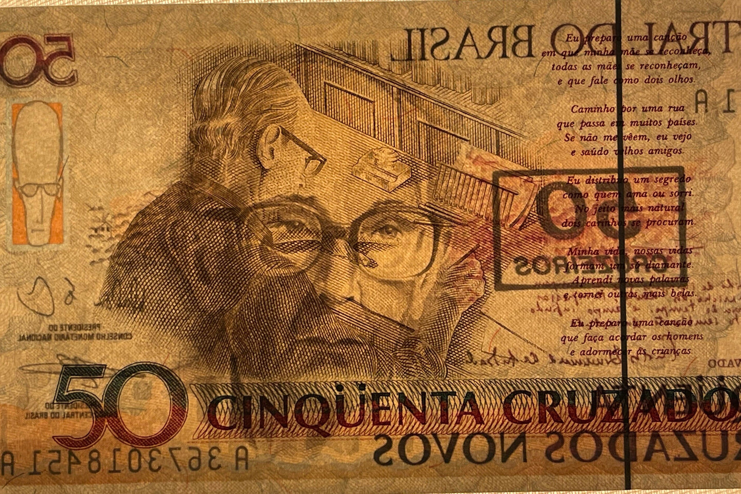 Poet Carlos Drummond de Andrade 50 Cruzieros Brazil Authentic Banknote Money for Jewelry and Craft Making (Writing Desk) (Poetry) (1990)