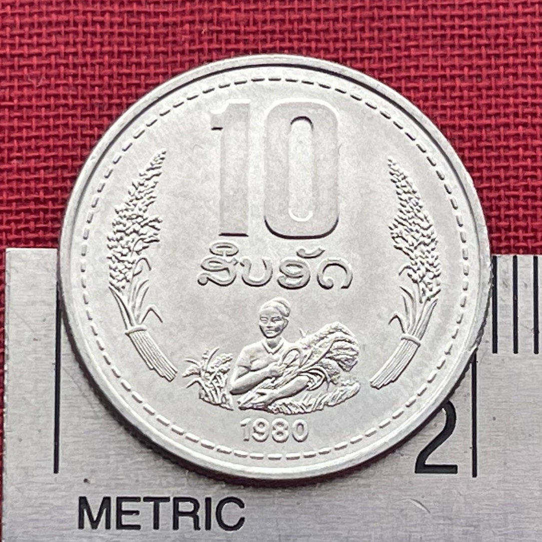 Woman Harvests Rice 10 Att Laos Authentic Coin Money for Jewelry and Crafts Making (1980)