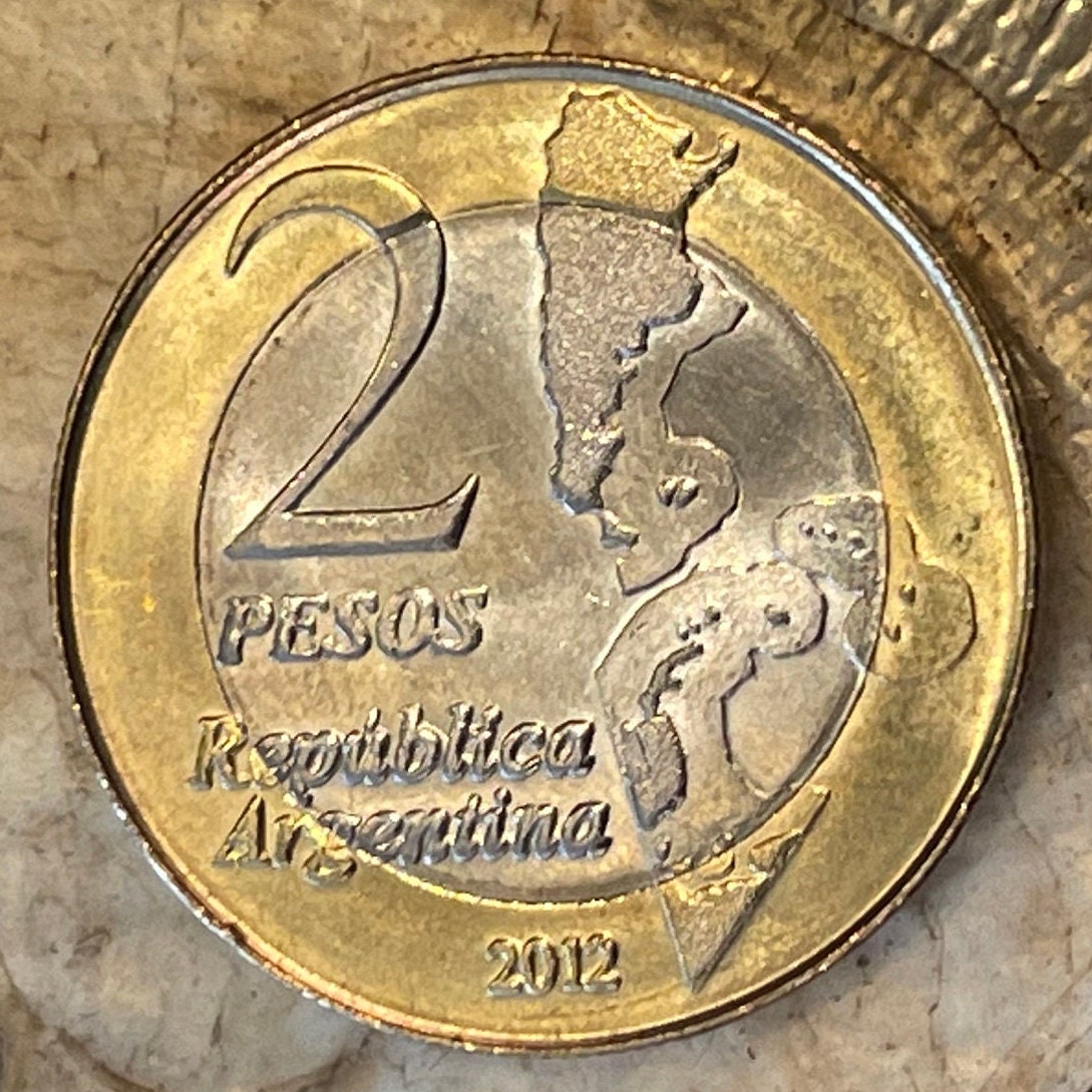 Territorial Claim to Islas Malvinas (Falkland Islands) 2 Pesos Argentina Authentic Coin Money for Jewelry (South Atlantic War) (Bimetallic)
