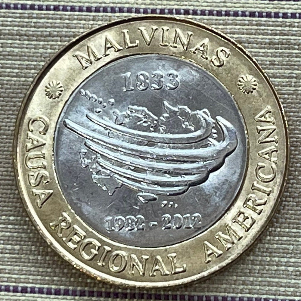 Territorial Claim to Islas Malvinas (Falkland Islands) 2 Pesos Argentina Authentic Coin Money for Jewelry (South Atlantic War) (Bimetallic)