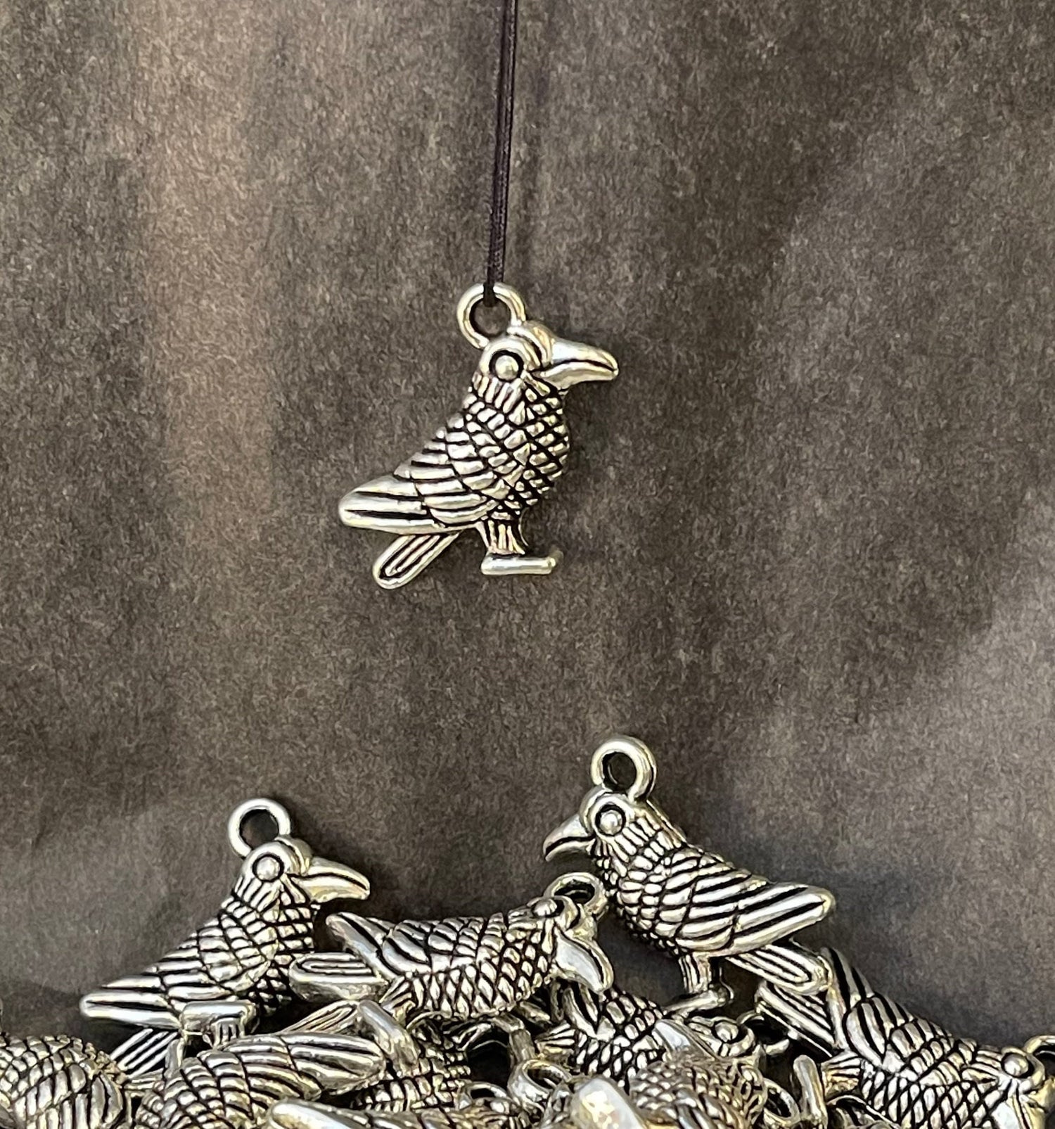 Quoth the Raven Silver Charm Set - Raven and Spell Book charms - Spooky, Halloween - antique silver charm, pendant, drop
