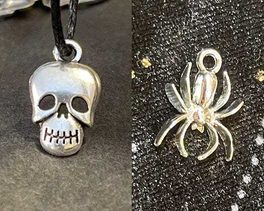 Skull & Spider Silver Charm set -Spooky Halloween charms, pendant, drop-antique silver
