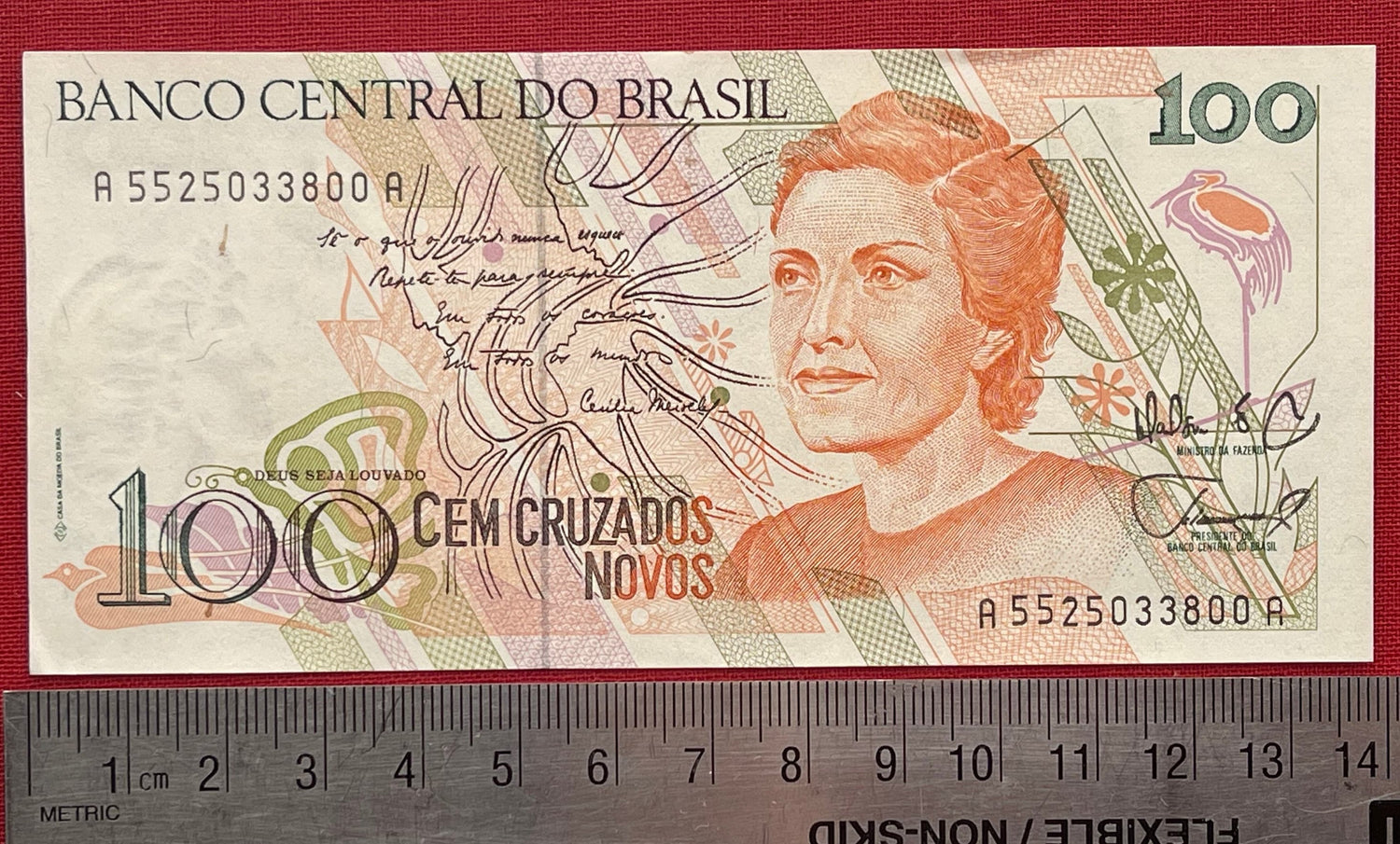 Poet Cecília Meireles 100 Cruzados Novos Brazil Authentic Banknote Money for Jewelry Crafts and Collage (Teacher) (Education Reform)