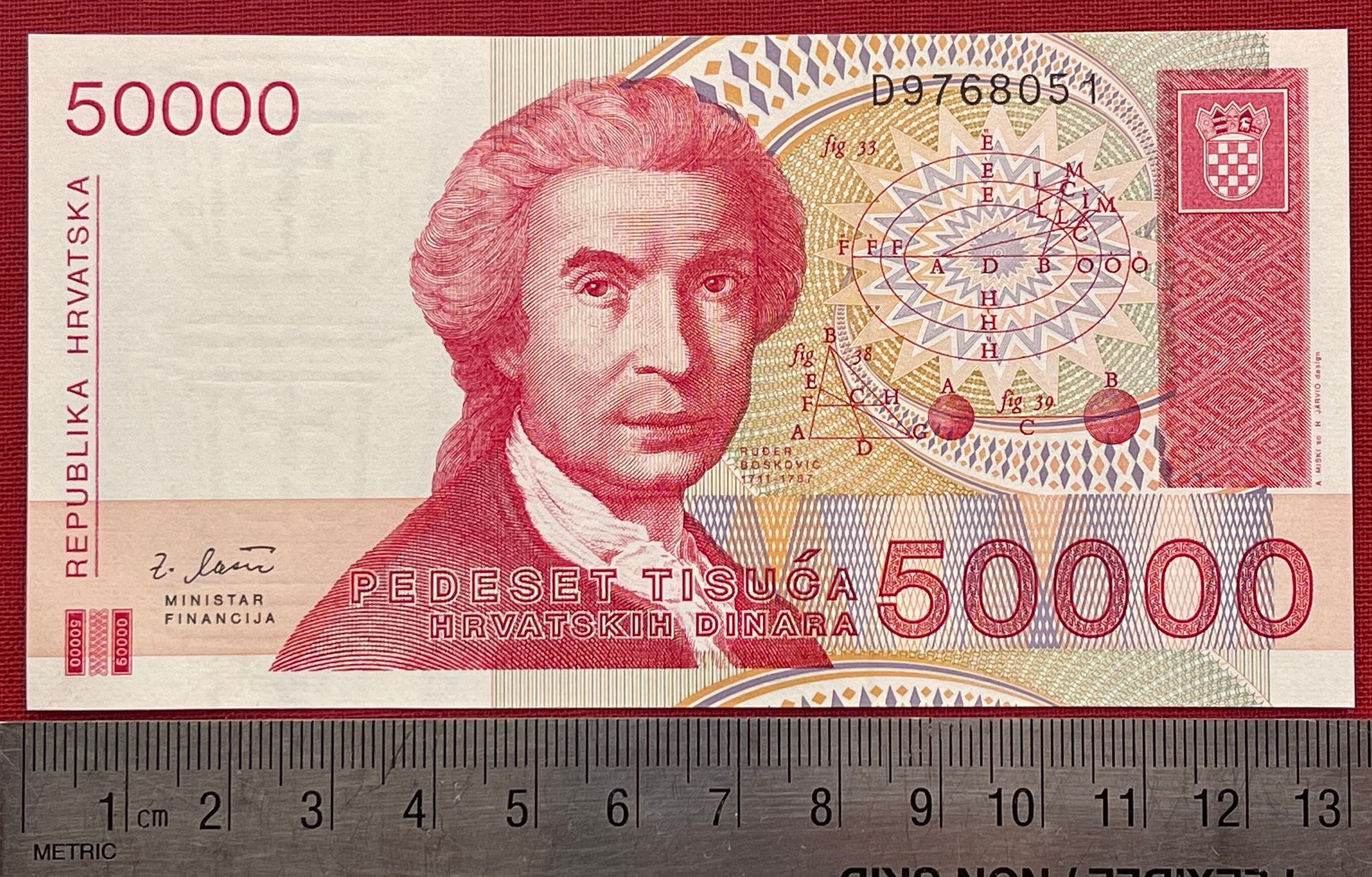 Scientist Priest Roger Boscovich & Mother Croatia 50,000 Dinara Croatia Authentic Banknote Money for Jewelry and Collage (Baptismal Font)