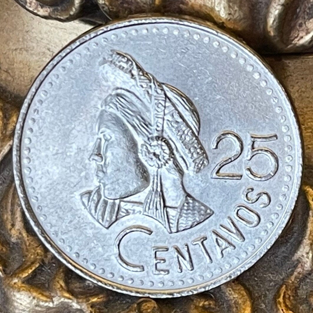 Activist Concepción Ramírez with Xk'op Tocoyal Headdress 25 Centavos Guatemala Authentic Coin Money for Jewelry (Choca) (Atitlan) (Maya)