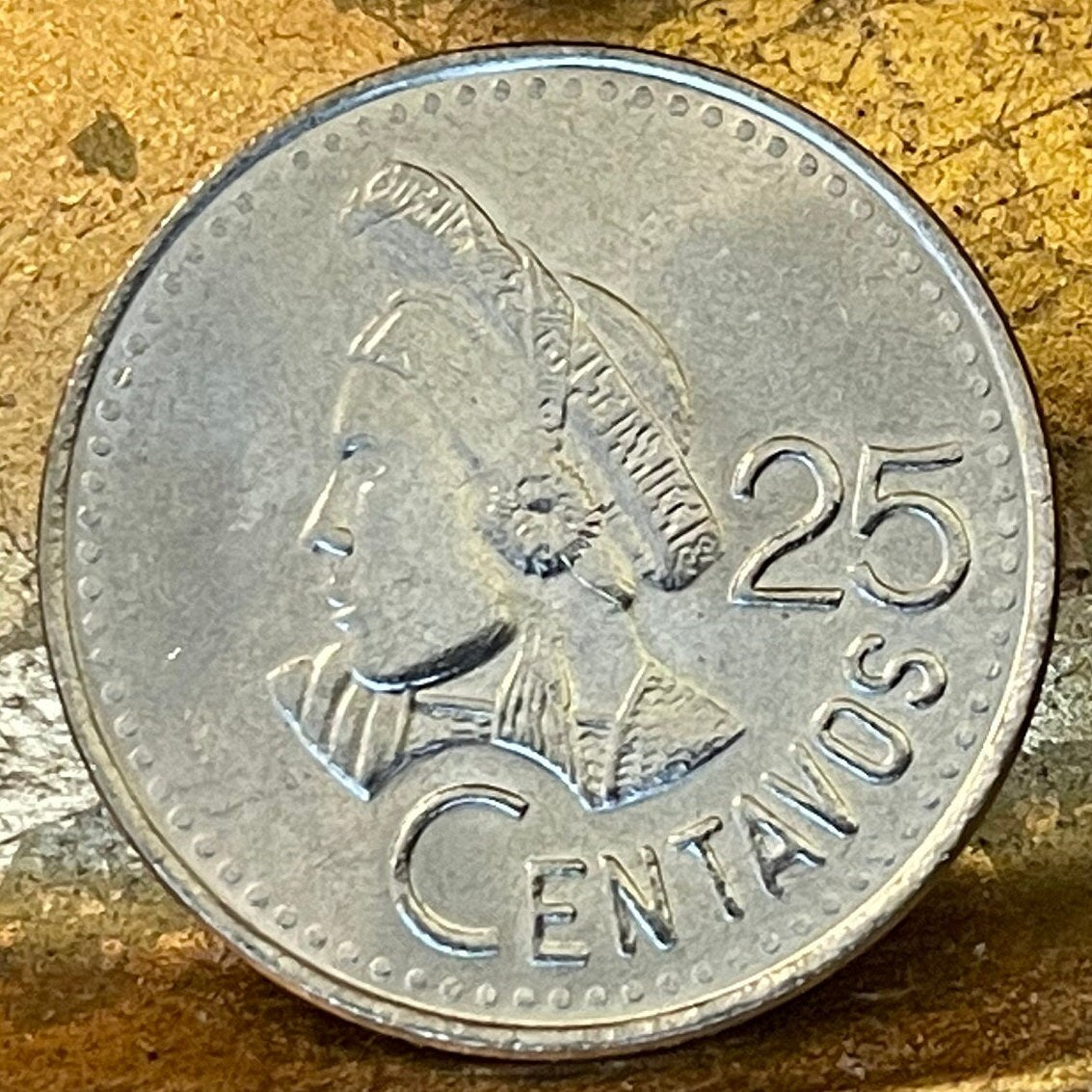 Activist Concepción Ramírez with Xk'op Tocoyal Headdress 25 Centavos Guatemala Authentic Coin Money for Jewelry (Choca) (Atitlan) (Maya)